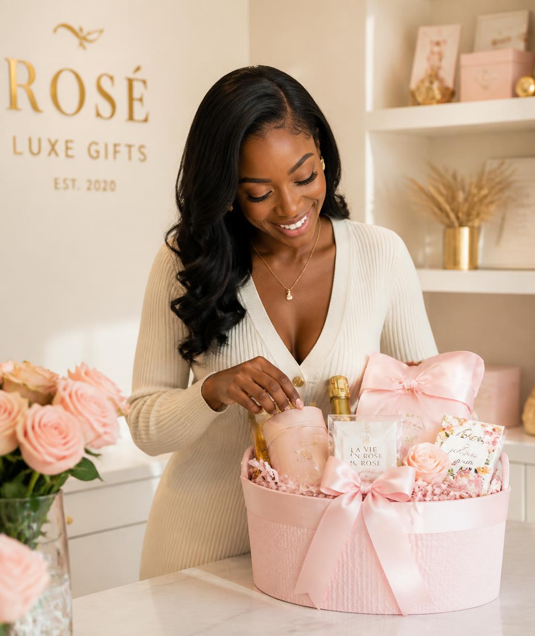 KayKay, founder of KAYKAY'D, arranging a custom gift basket