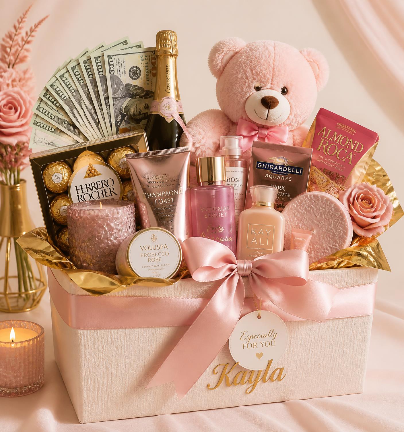Luxury personalized KAYKAY'D gift basket with plush, snacks, skincare and a money fan